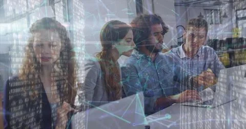 Image of plexus networks over diverse colleagues using laptop and discussing Stock Photos