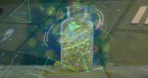 Image of plexus networks over glowing fairy lights in a glass jar against data Fotos de archivo