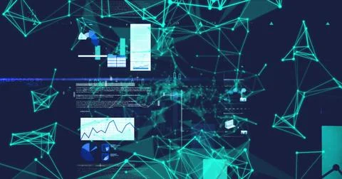 Image of plexus networks over screens with data processing against blue Stock Photos