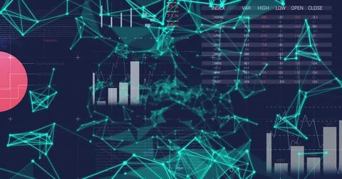Image of plexus networks over statistical data processing against blue Stock Photos