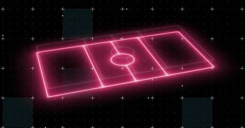 Image of plus signs over computer graphic 3d neon soccer field on digital Stock-Illustration
