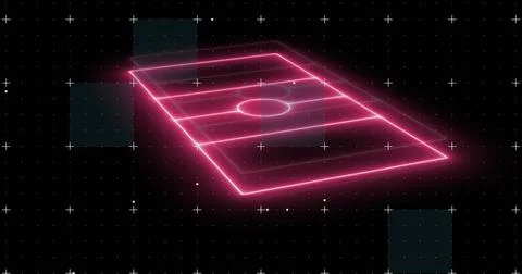 Image of plus signs over computer graphic 3d neon soccer field on digital Illustrazione stock