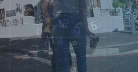 Image of pooping out changing numbers over diverse woman with coffee cup Stock Photos