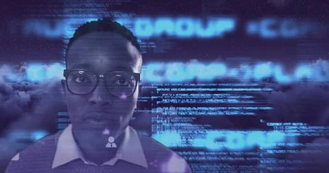 Image of portrait of man data processing digital icons over sky with clouds Stock Photos