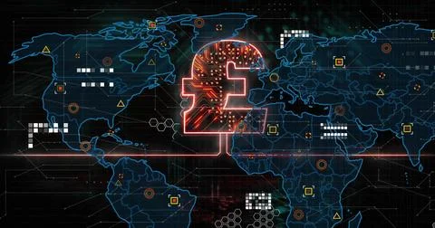 Image of pound sign, world map and digital data processing over circuit board 스톡 일러스트