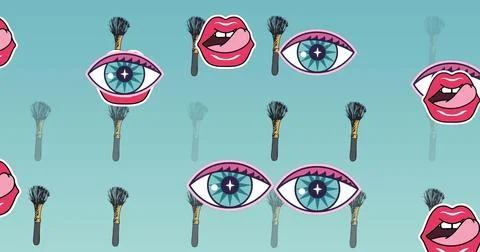Image of powder brush and lips icons on blue background Illustrazione stock