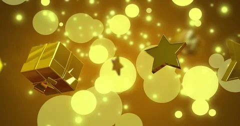 Image of present and stars over snow falling on yellow background Ilustração Stock