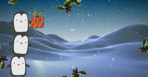 Image of presents and snow falling over winter landscape Stock Illustration