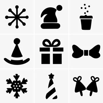 This image presents black silhouette grid icons of Christmas and New Year win Stock Illustration
