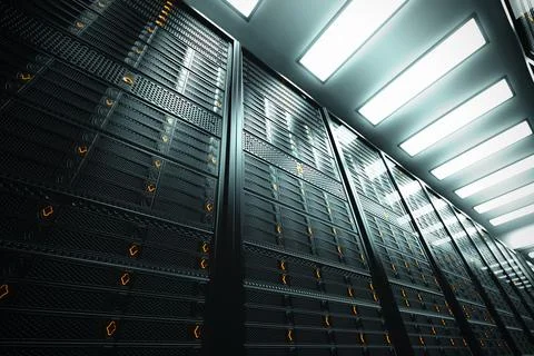 Image presents a bottom view of a room equipped with data servers. Yellow LED Stock Photos