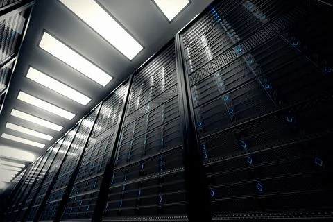 Image presents a bottom view of a room equipped with data servers. Blue LED l Foto stock