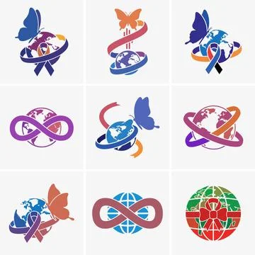The image presents a collection of nine vector icons featuring earth globes, Stock Illustration