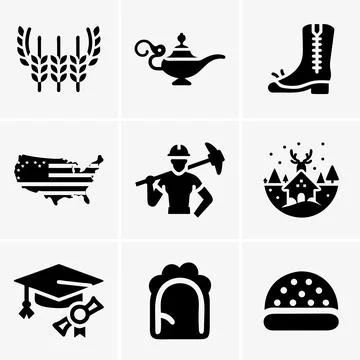 Image presents a curated set of black glyph icons, showcasing elements from A Stock Illustration