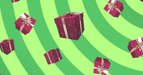 Image of presents falling at christmas on green background Stock Illustration