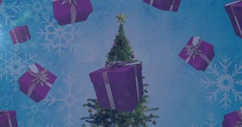 Image of presents falling over christmas tree Stock Illustration