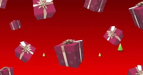 Image of presents falling over christmas trees on red background Stock Illustration