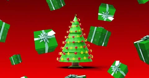Image of presents falling over christmas tree on red background Stock Illustration
