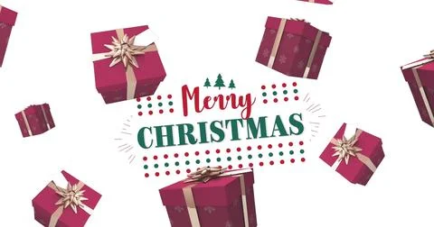 Image of presents falling over merry christmas text Stock Illustration