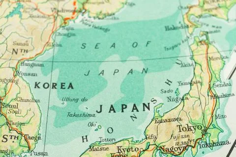 This image presents a map of Japan with labeled major islands Honshu, Kyush.. Stock Photos