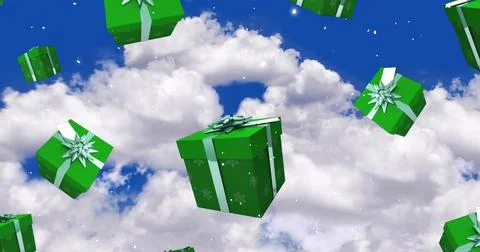 Image of presents over sky with clouds and winter landscape Illustrazione stock
