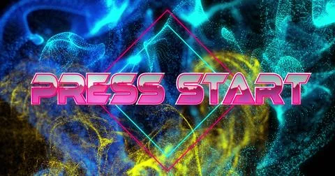 Image of press start text banner over blue and golden glowing digital waves on Stock Photos