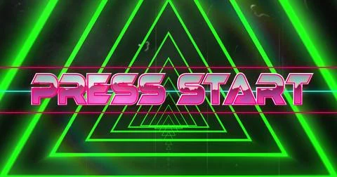Image of press start text banner against neon green triangular tunnel in 写真素材