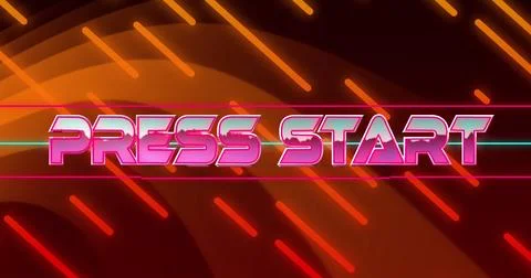 Image of press start text banner over orange digital waves and lines in seamless 写真素材