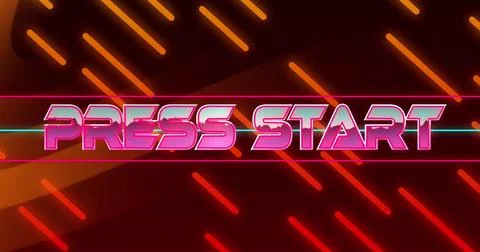 Image of press start text banner over orange digital waves and lines in seamless Stock Photos