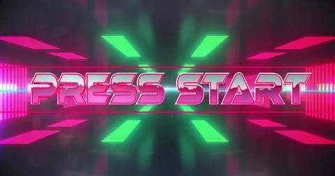 Image of press start text banner against neon tunnel in seamless pattern 写真素材