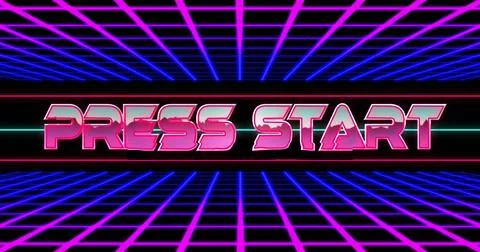 Image of press start text over gradient grid network in seamless pattern on 库存插图