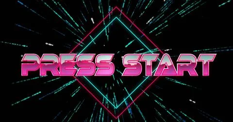 Image of press start text over moving shapes 스톡 일러스트