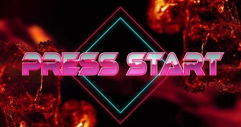 Image of press start text over neon pattern background イラスト素材