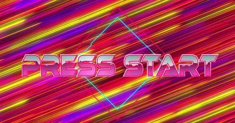 Image of press start text over neon pattern background Stock Illustration