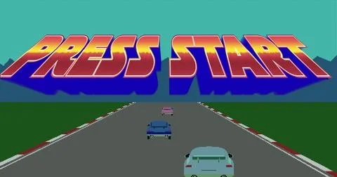Image of press start text over screen with car race image game Stock Illustration