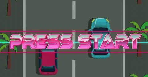 Image of press start text over screen with car race game in background Stock Illustration