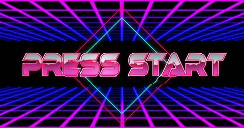 Image of press start text over rhombuses and grid pattern against black bac.. Stock Photos