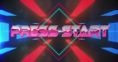 Image of press start text over neon pattern background Stock Photos