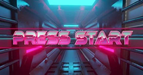 Image of press start text over neon pattern background Stock Photos