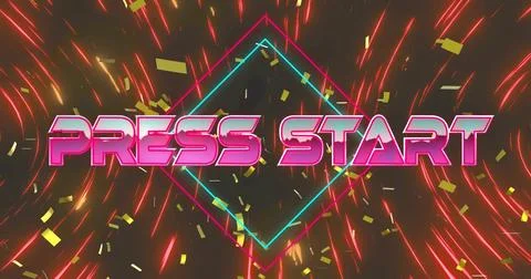 Image of press start text over neon pattern background Stock Photos