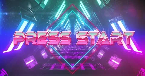 Image of press start text over neon pattern background Stock Photos