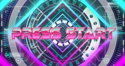 Image of press start text over neon pattern background Stock Photos