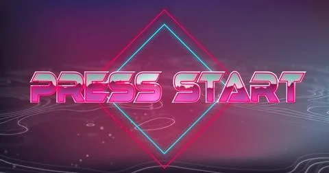 Image of press start text in pink metallic letters over moving contour lines on Illustrazione stock