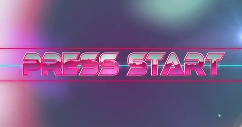 Image of press start text in pink metallic letters over blurred colourful lights Illustrazione stock