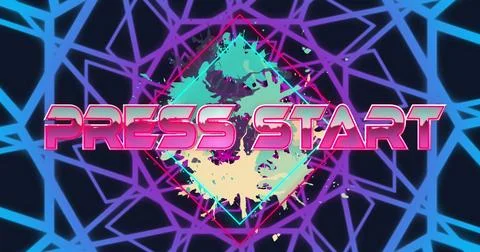 Image of press start text on rhombuses and color splash and abstract pattern on Stock Illustration