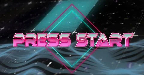 Image of press start text on rhombuses and wave pattern over black background Illustrazione stock