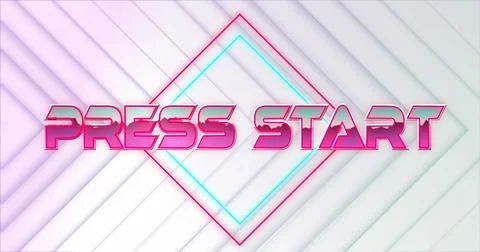 Image of press start text on rhombuses with abstract pattern over white 스톡 사진