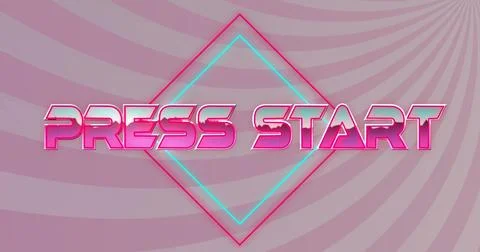 Image of press start text on rhombuses with sunburst over abstract background Stock Photos