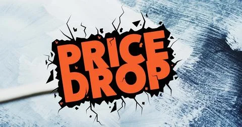 Image of price drop text in orange over brush painting wall with white paint Ilustração Stock