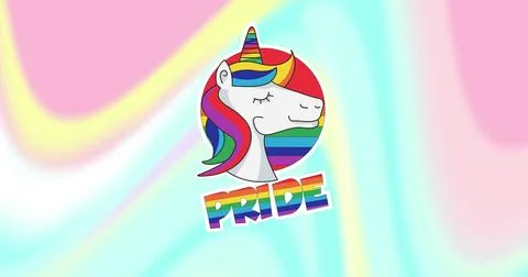 Image of pride text and unicorn over colourful background 스톡 사진