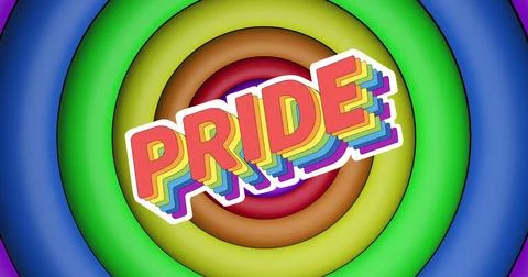 Image of pride text over rainbow circles and colours moving on seamless loop 스톡 일러스트